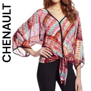 Chenault Printed V-Neck Kimono Sleeve Tie Front Sheer Chiffon Top/Blouse ~ XL
